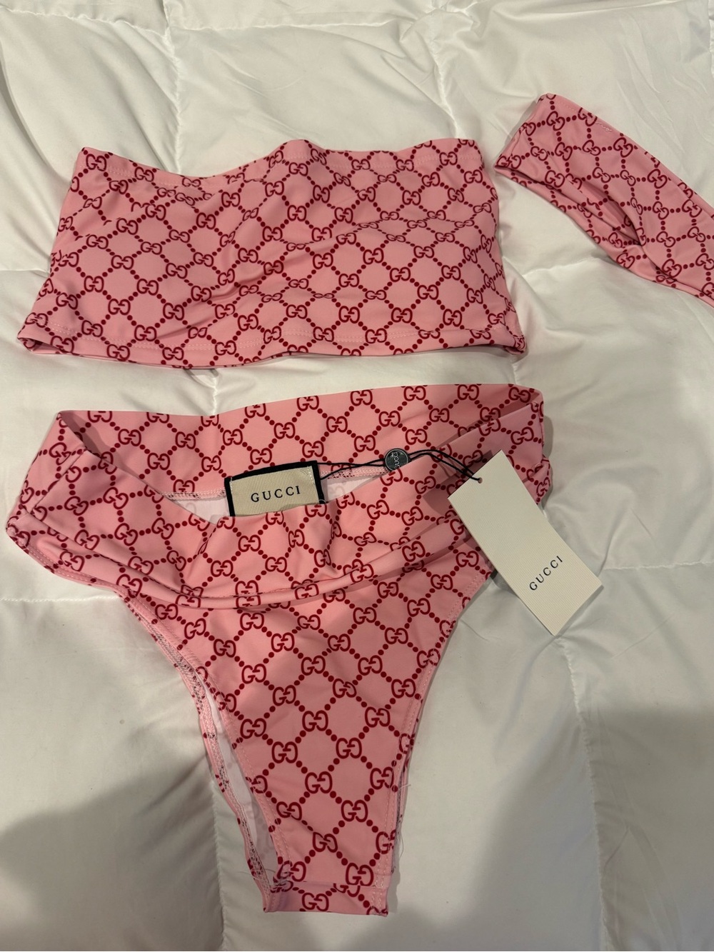 Gucci Pink and Red GG Logo Bandeau Bikini